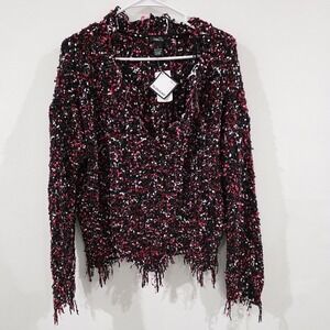 Rue 21 Womens Fringe Destroyed Knit Sweater Size‎ Large Black Pink Grunge